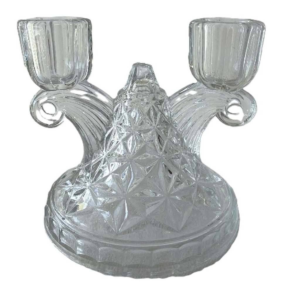 Imperial Glass Double Candlestick Holder Clear EUC Daisy Button Scrolled Arms